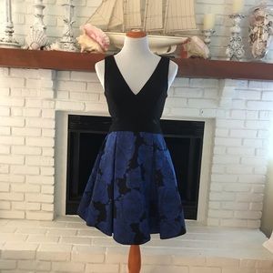 XSCAPE WOMENS Black With BLUE ROSES COCKTAIL FLORAL DRESS size 8